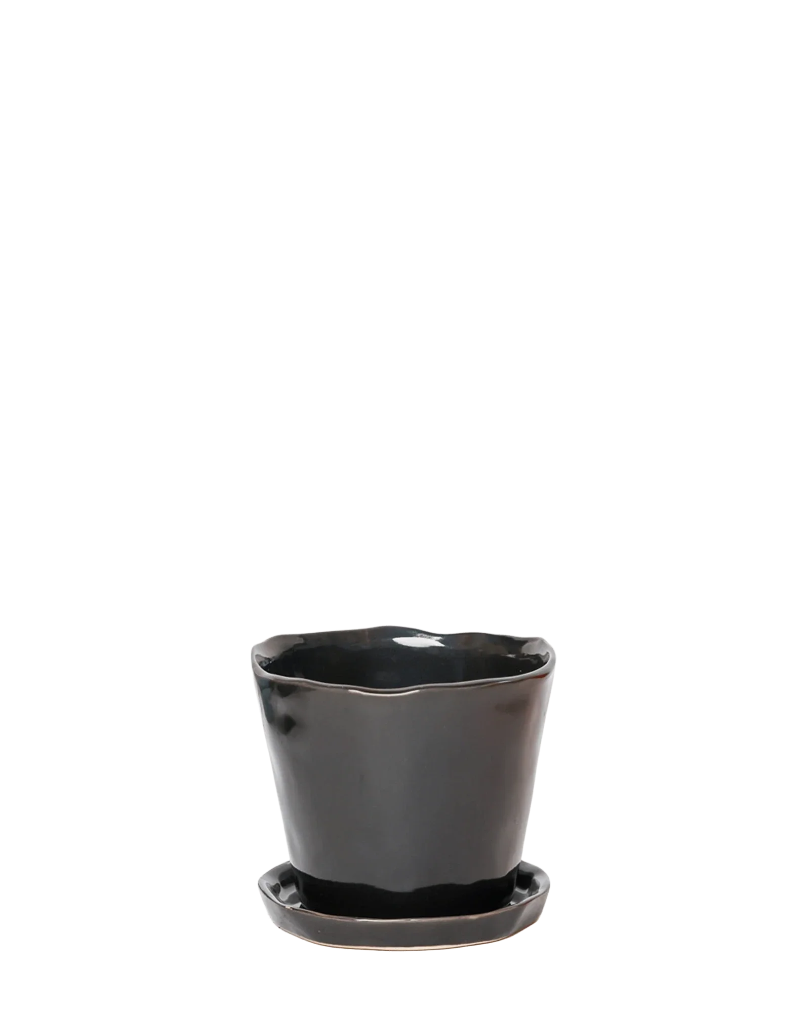 Tika Large Ceramic Plant Pot with Drainage Hole and Saucer, Black