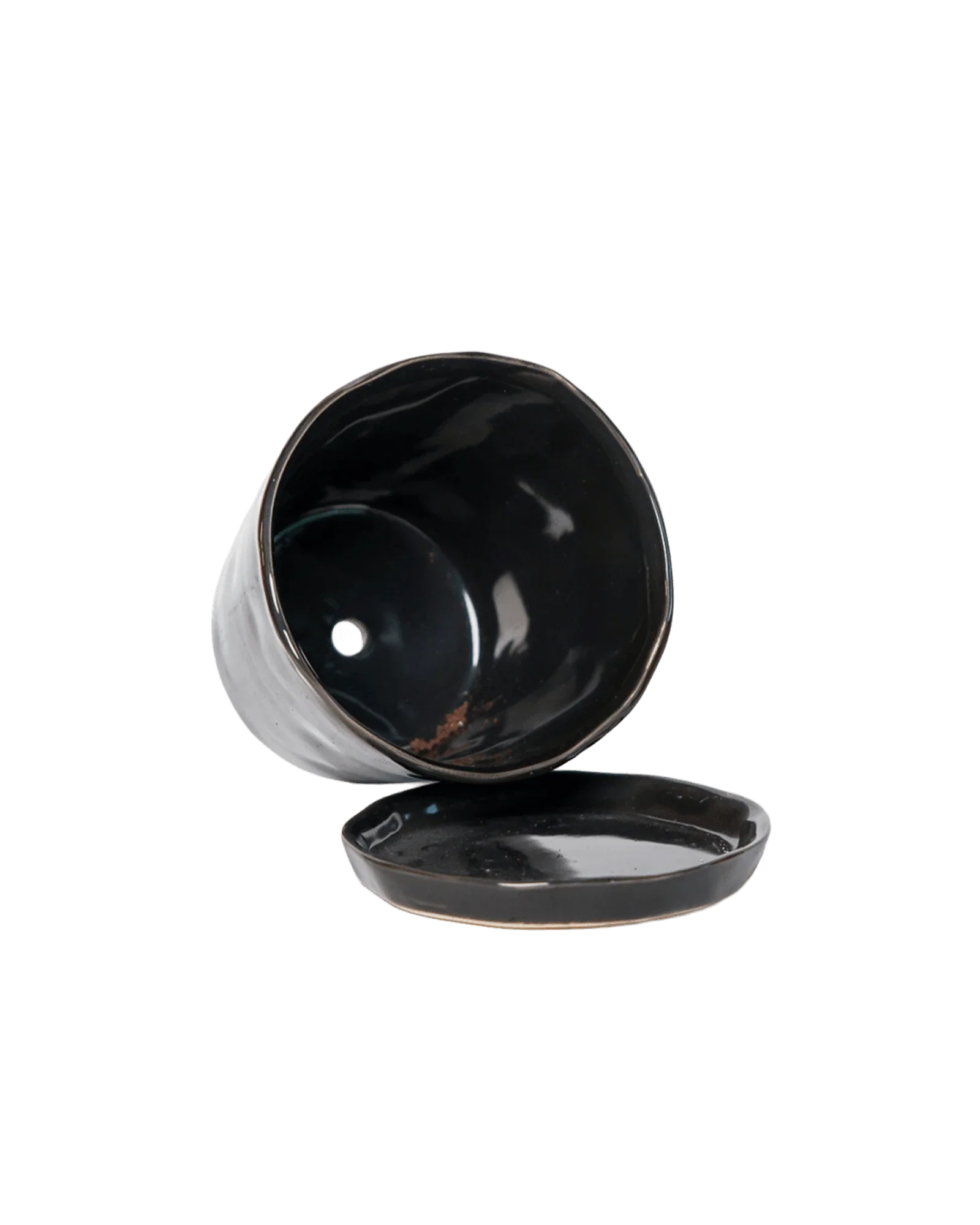 Tika Large Ceramic Plant Pot with Drainage Hole and Saucer, Black - Image 3