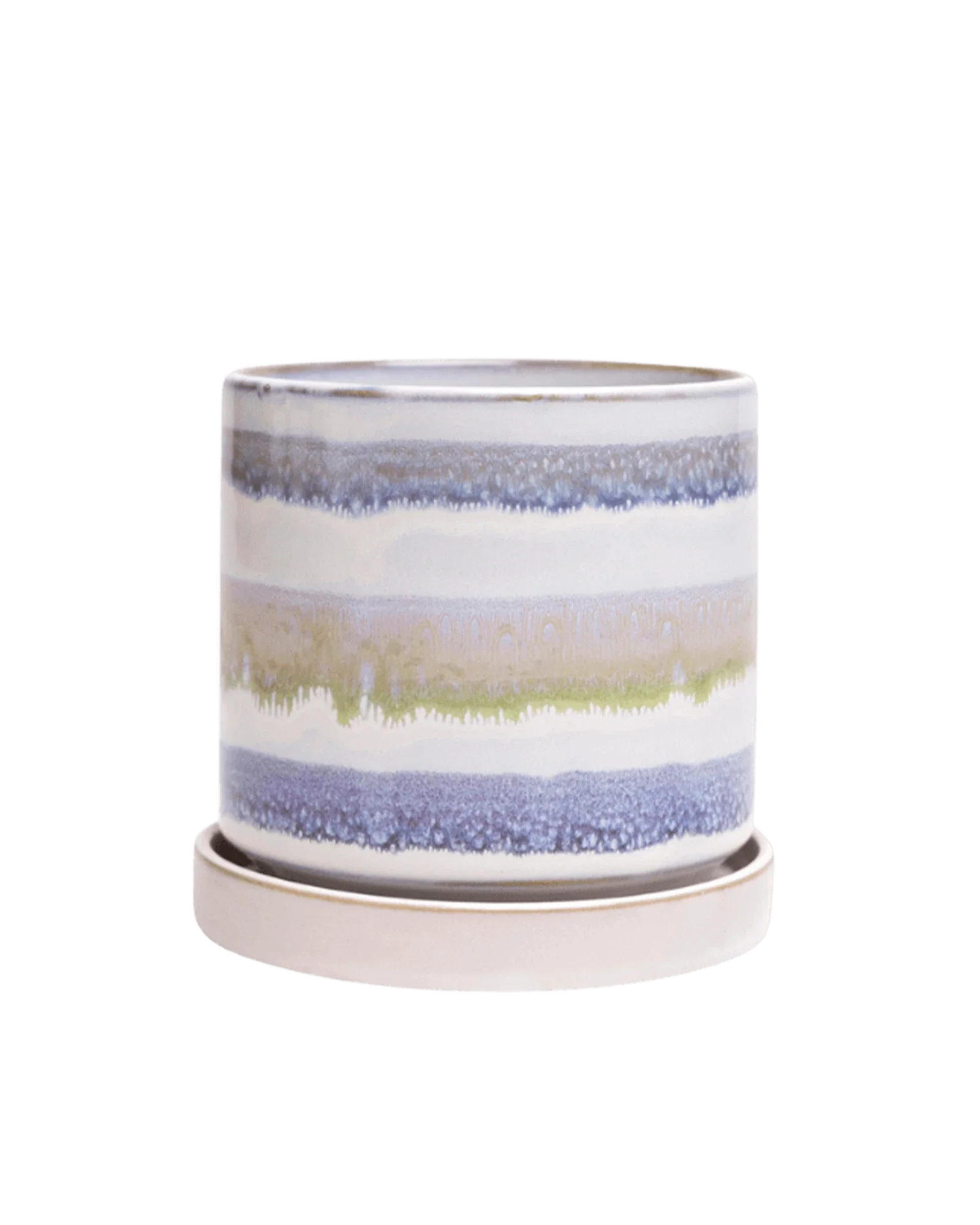 Minute Medium Ceramic Pot with Drainage Hole and Saucer, Blue Green Layers - Image 2