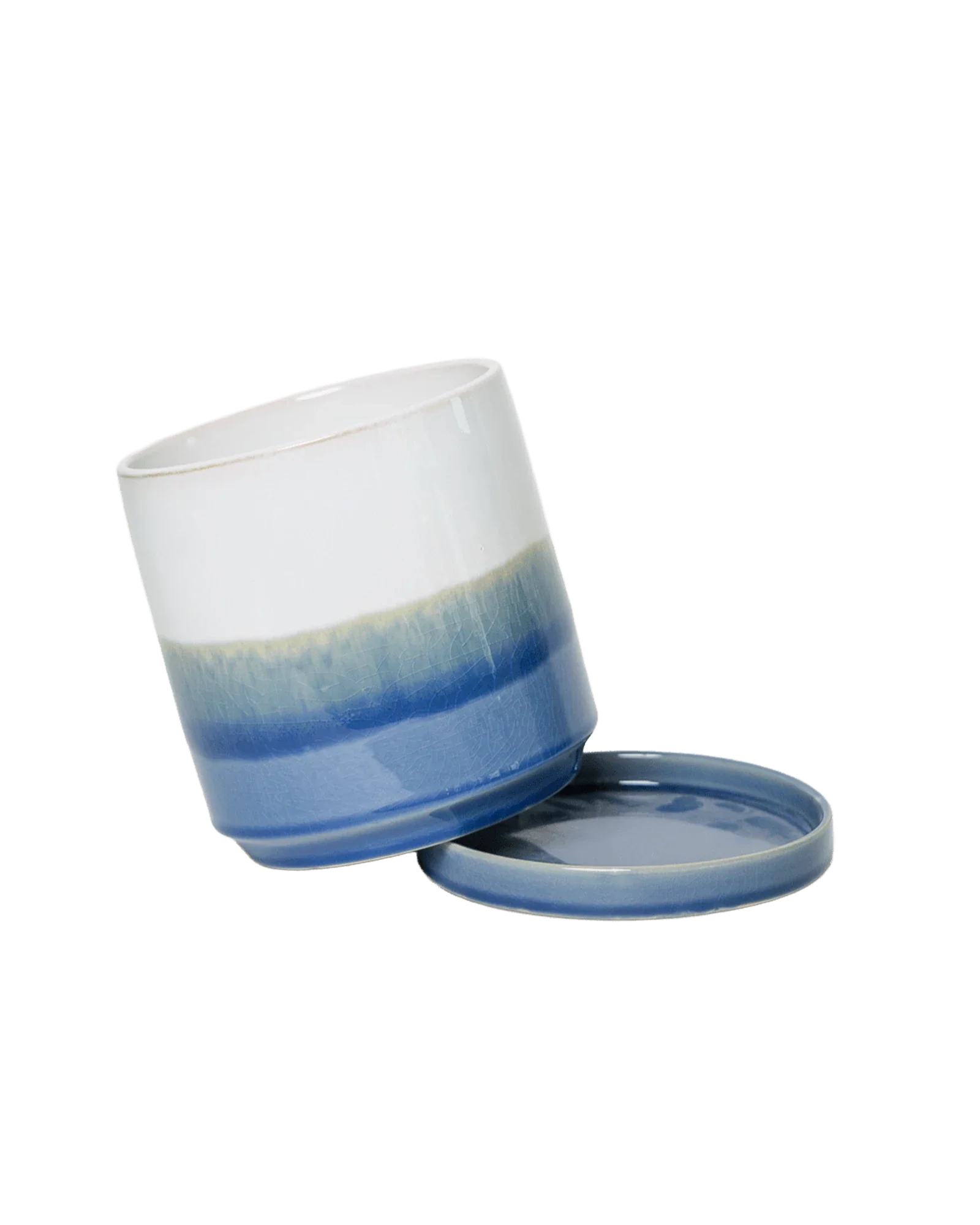 Minute Medium Ceramic Pot with Drainage Hole and Saucer, Blue Layer - Image 4