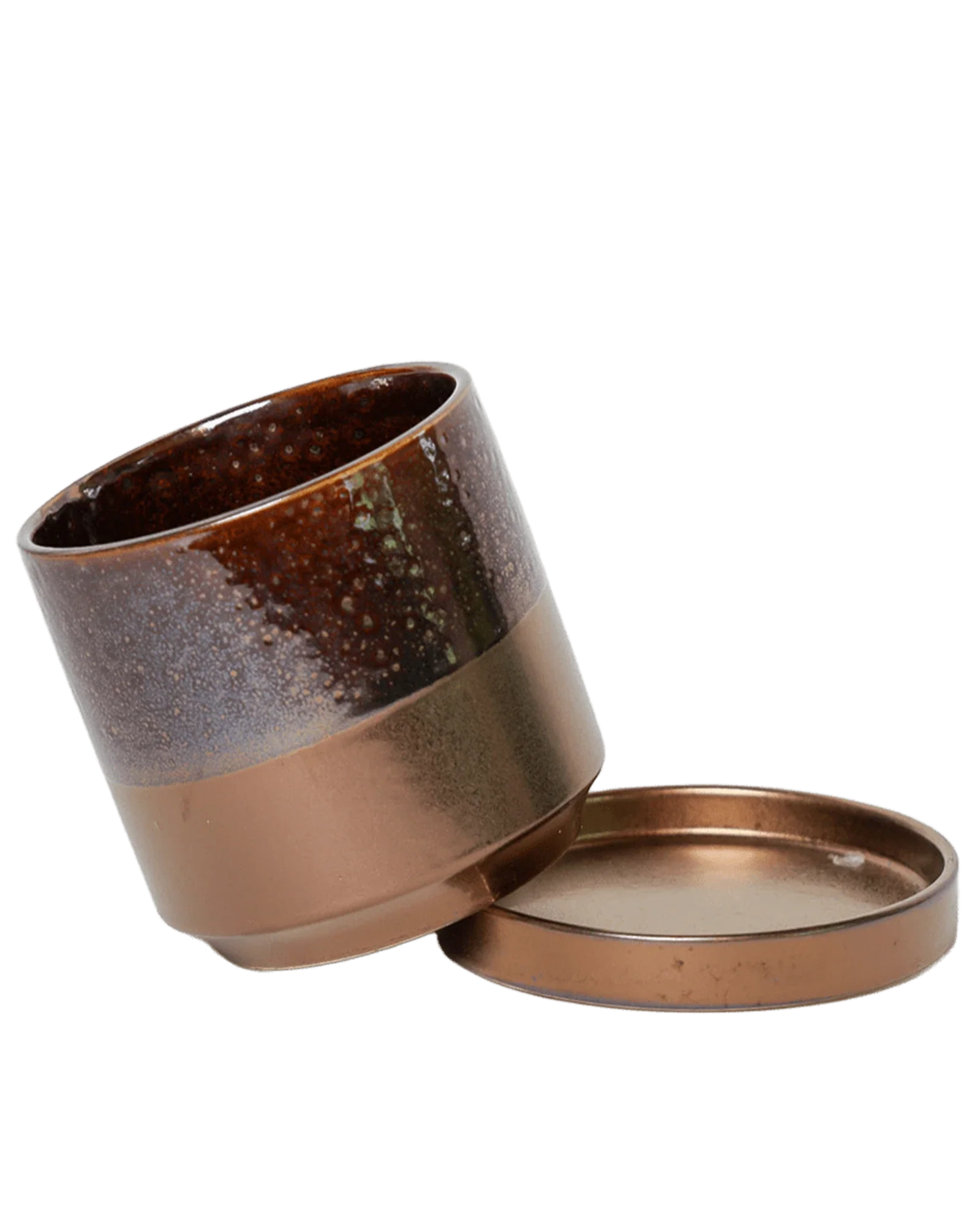 Minute Medium Ceramic Pot with Drainage Hole and Saucer, Bronze Speckles - Image 4