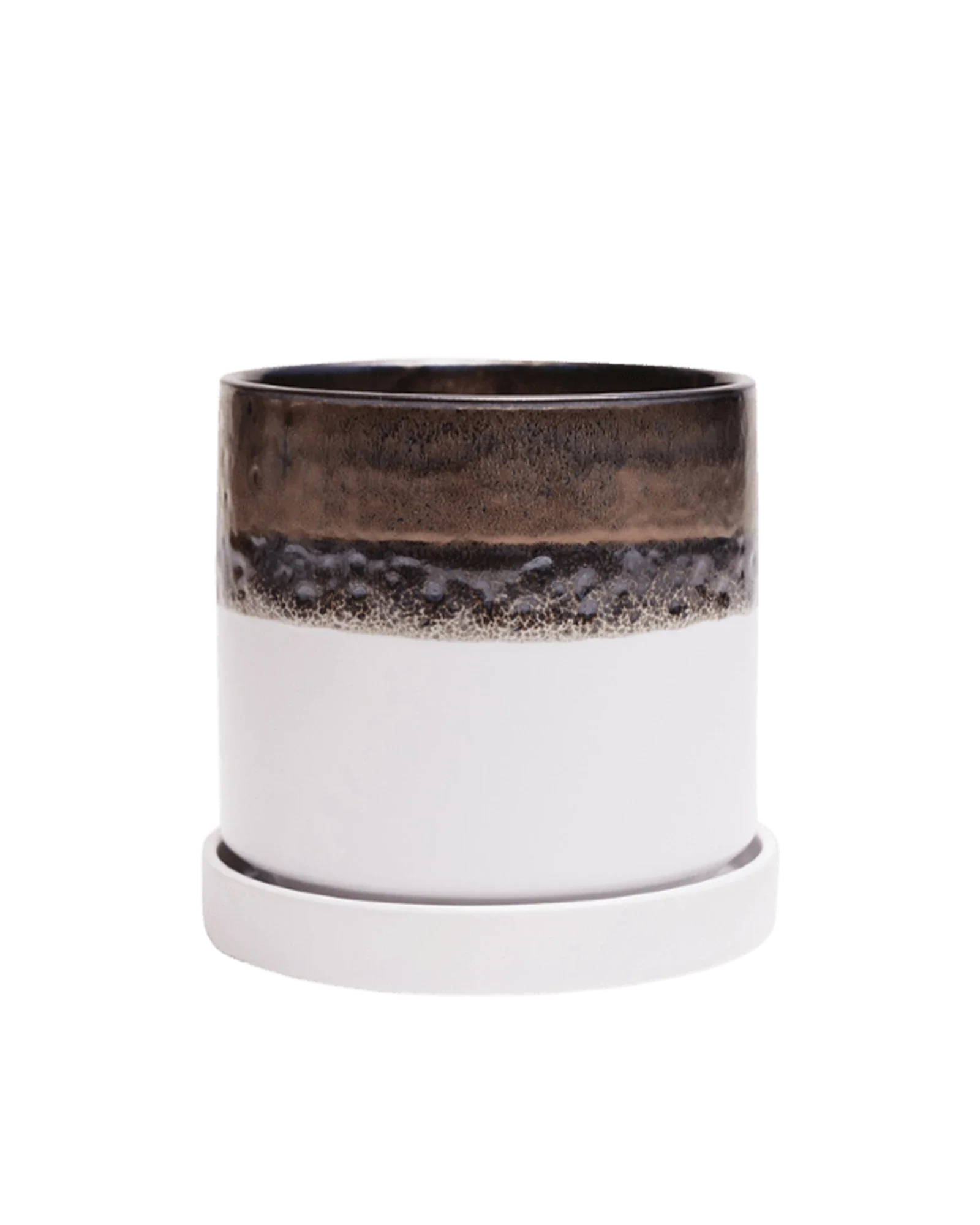 Minute Medium Ceramic Pot with Drainage Hole and Saucer, Bronze White - Image 2