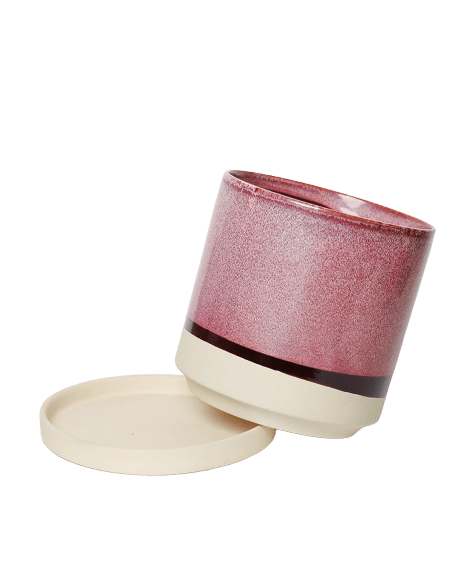 Minute Medium Ceramic Pot with Drainage Hole and Saucer, Burgundy - Image 5