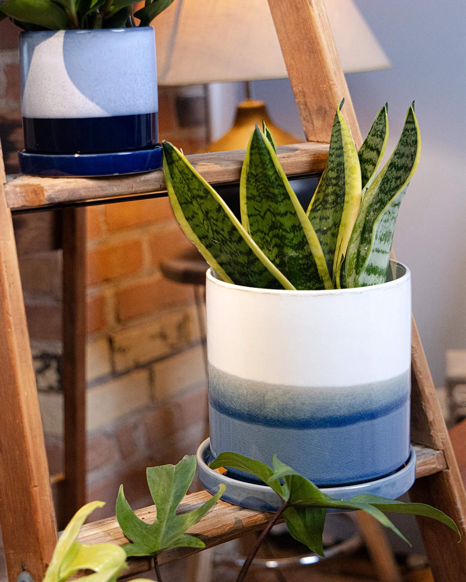 Minute Large Ceramic Pot with Drainage Hole and Saucer, Blue Layers - Image 2