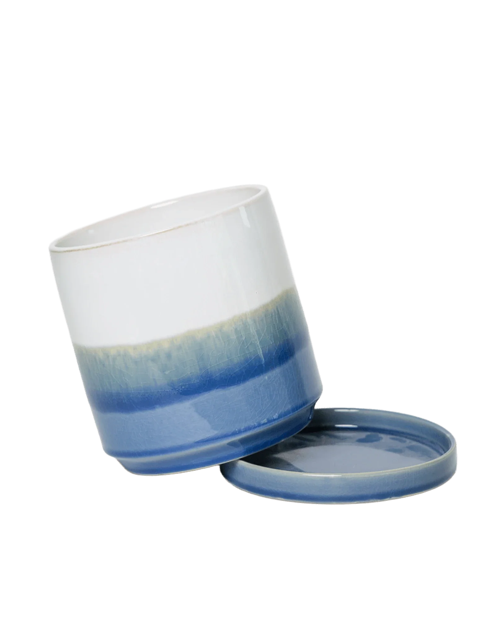 Minute Large Ceramic Pot with Drainage Hole and Saucer, Blue Layers - Image 5