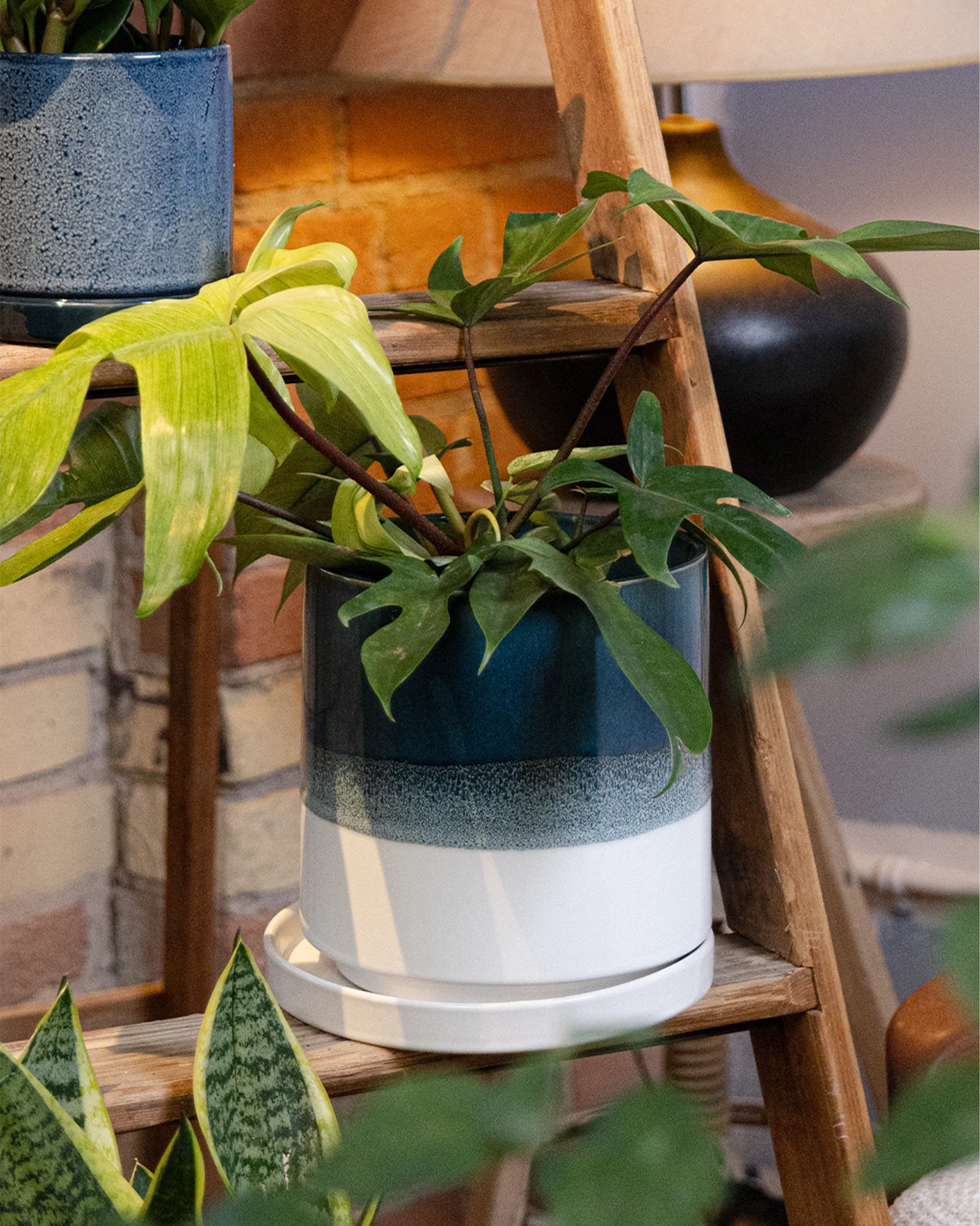 Minute Large Ceramic Pot with Drainage Hole and Saucer, Green Blue - Image 2