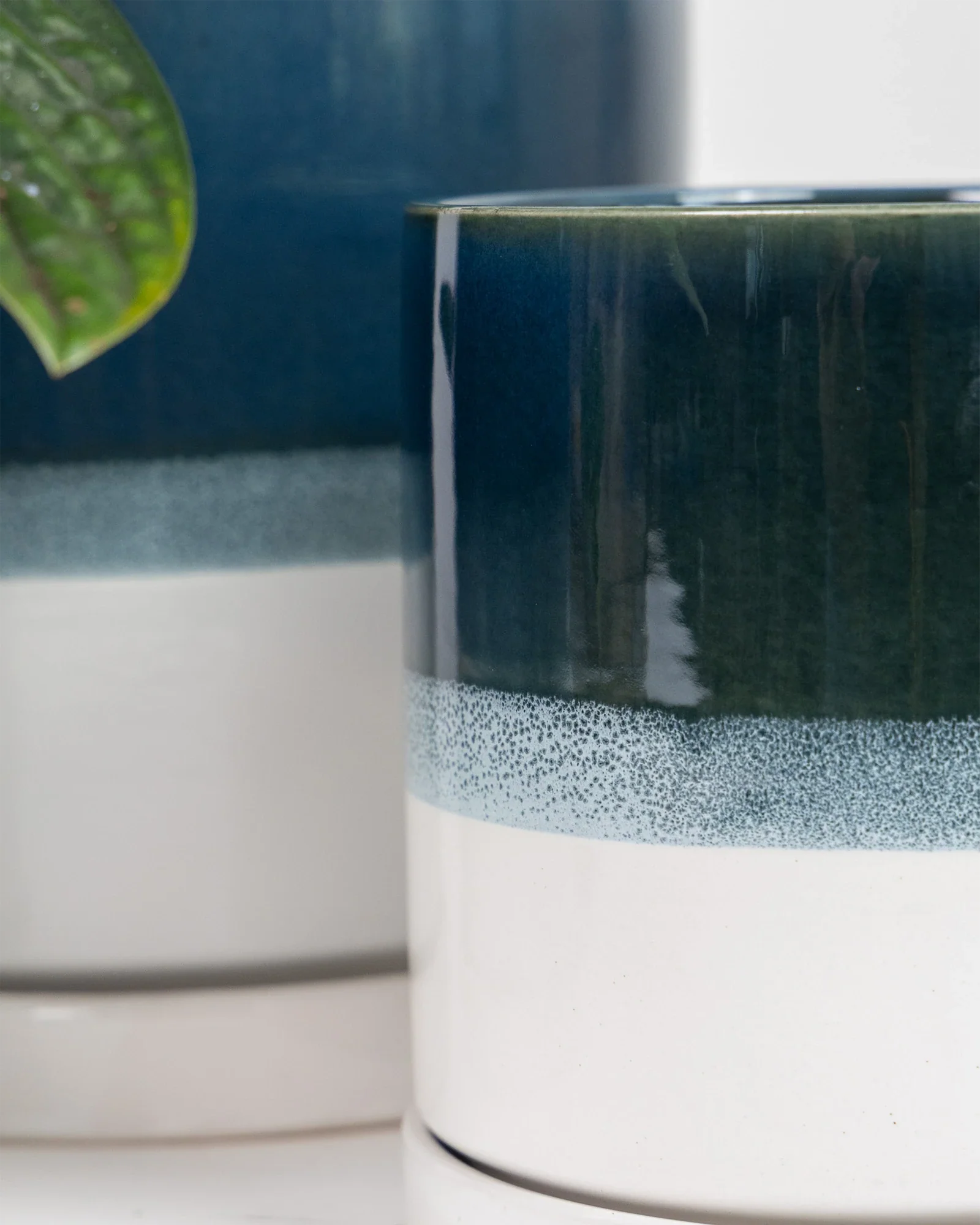 Minute Large Ceramic Pot with Drainage Hole and Saucer, Green Blue - Image 4