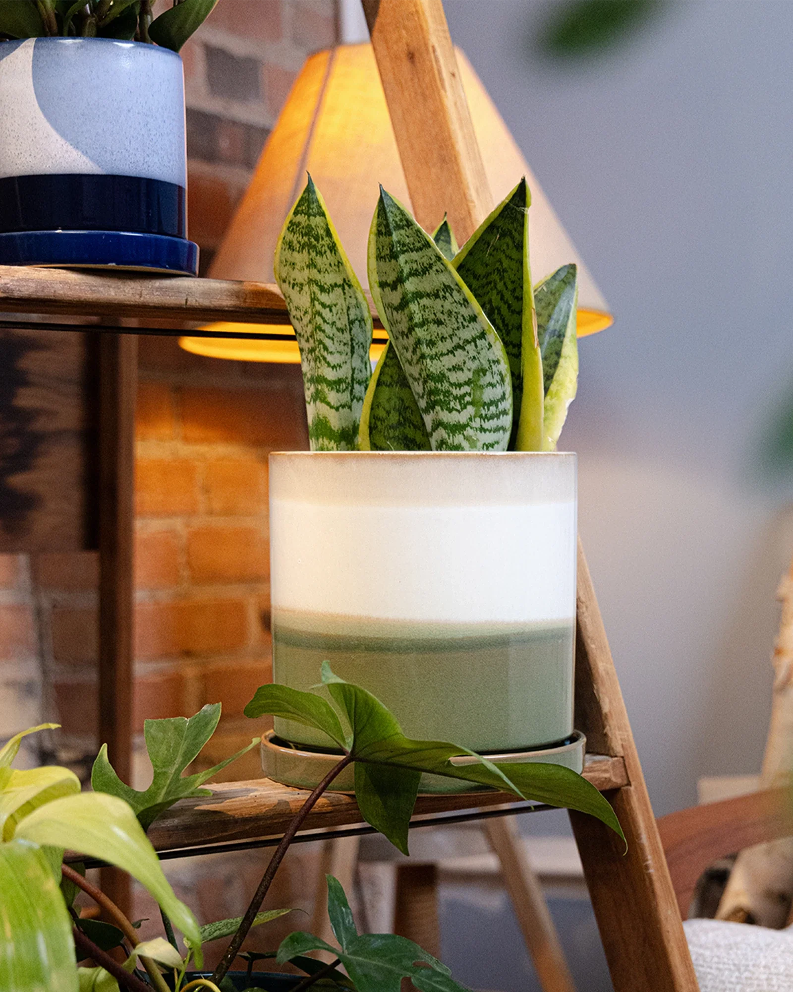 Minute Large Ceramic Pot with Drainage Hole and Saucer, Green Layers - Image 2