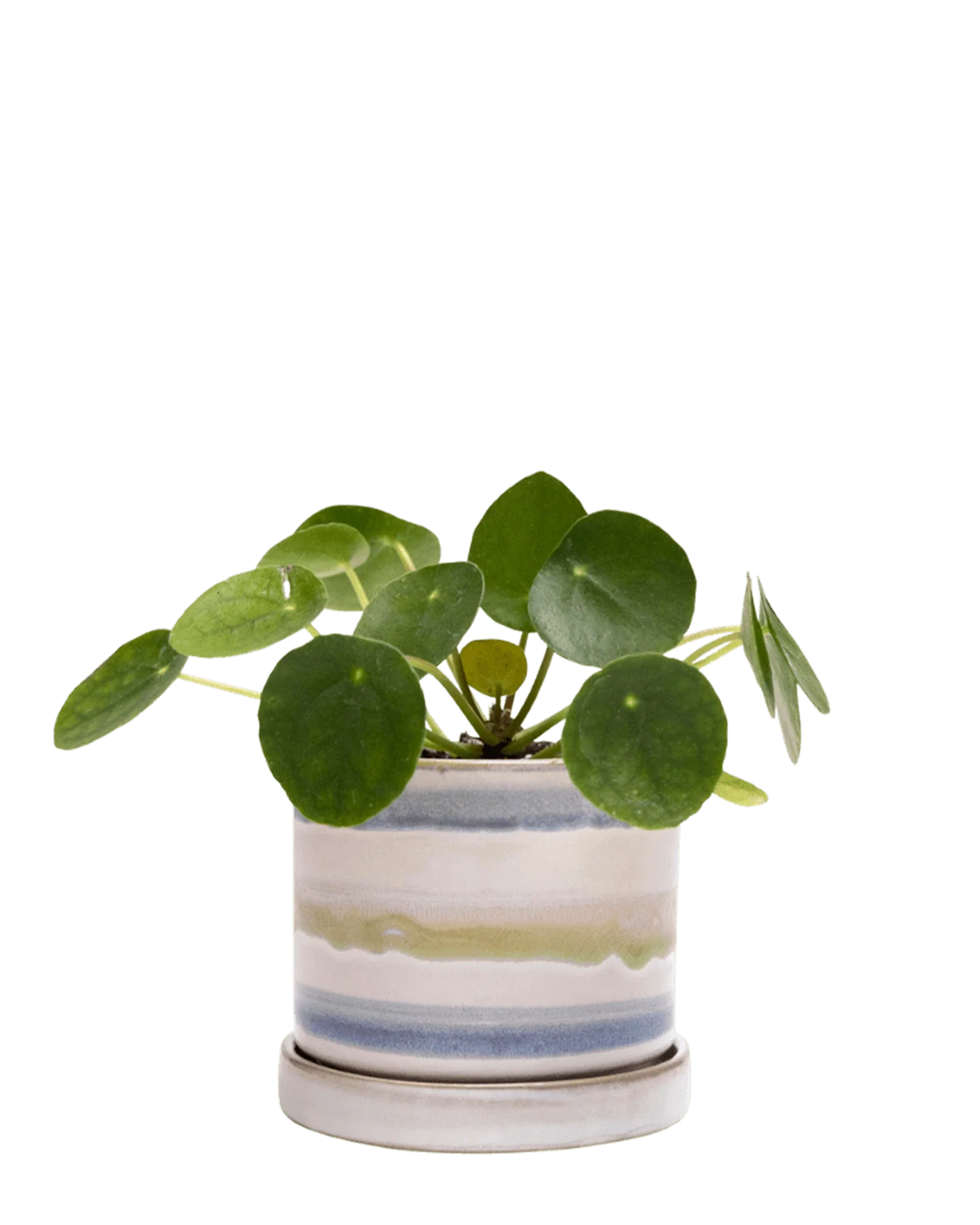 Minute Small Ceramic Pot with Drainage Hole and Saucer, Blue Green Layers