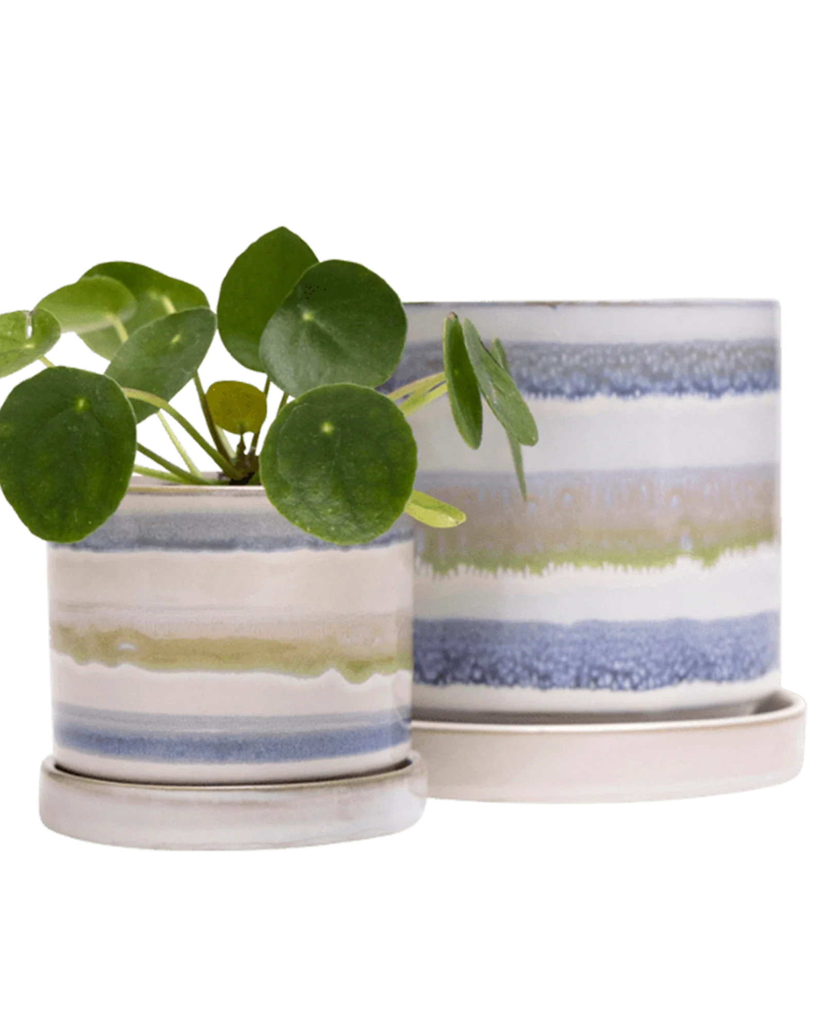 Minute Small Ceramic Pot with Drainage Hole and Saucer, Blue Green Layers - Image 4