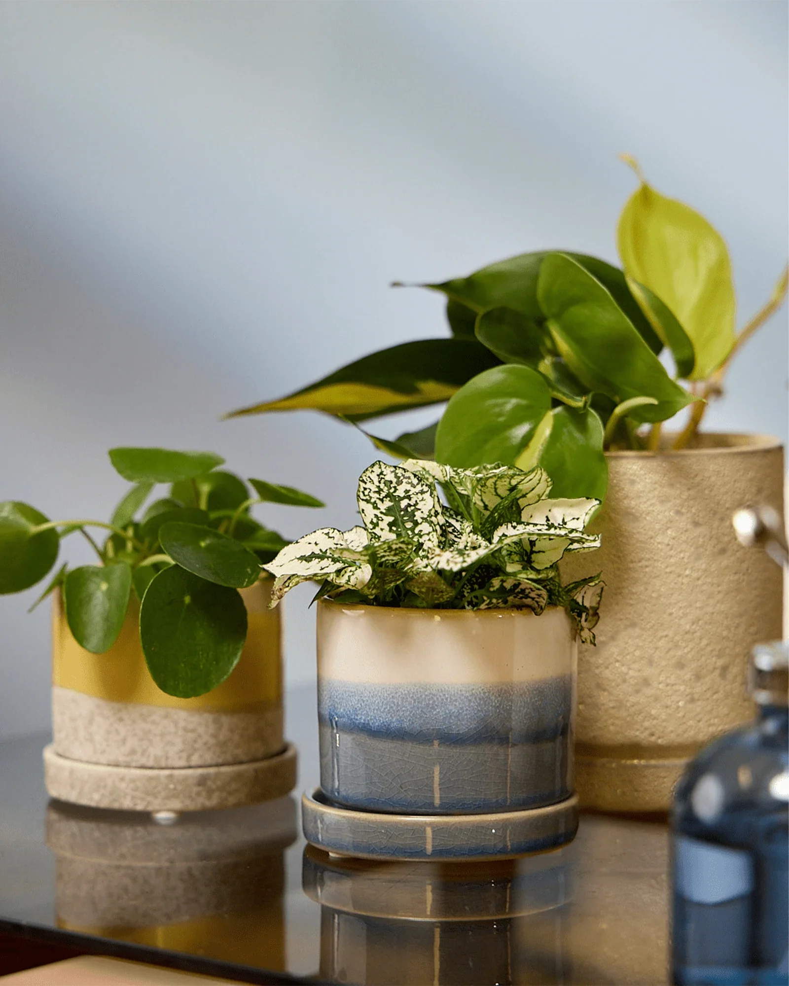 Minute Small Ceramic Pot with Drainage Hole and Saucer, Blue Layers - Image 2