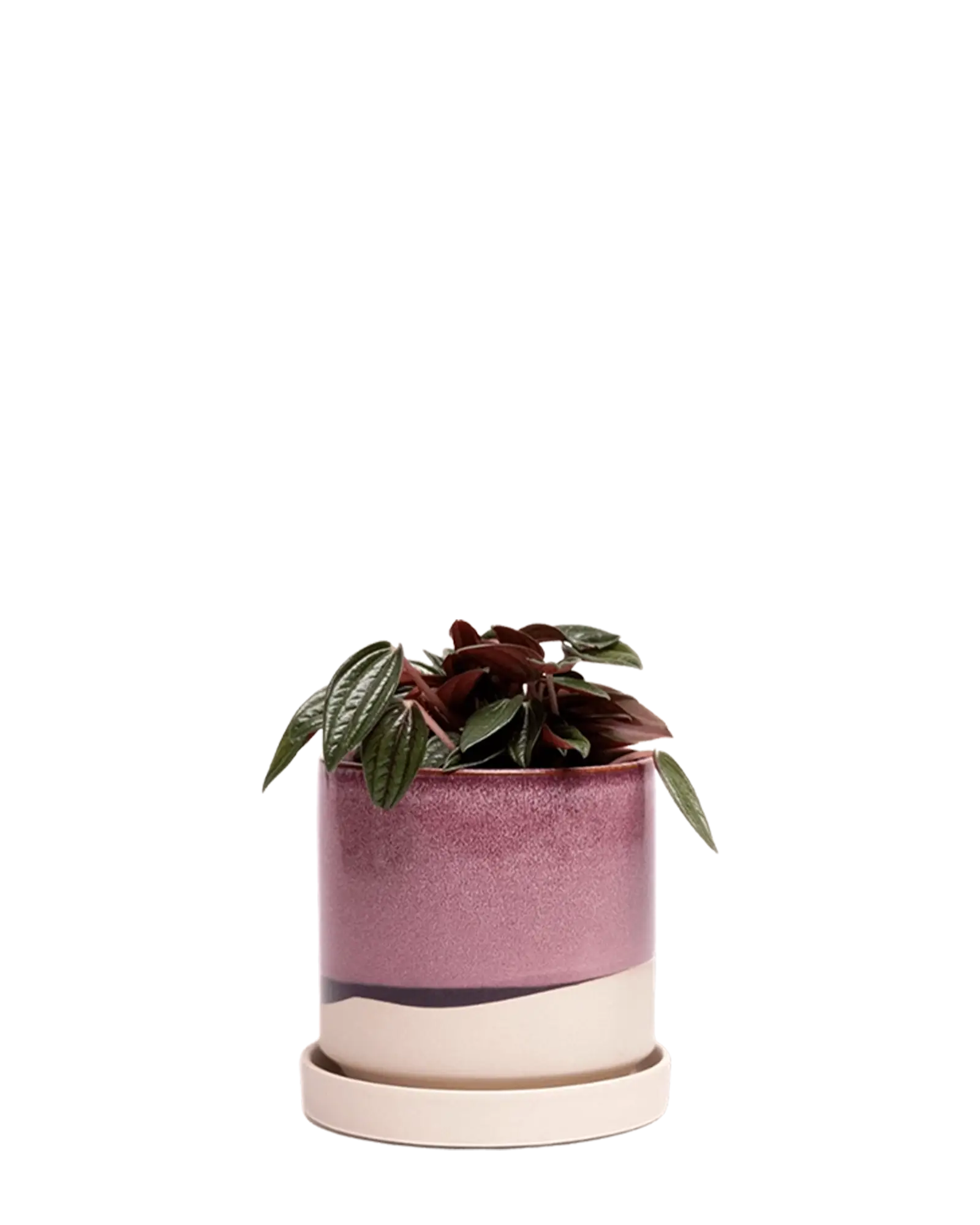 Minute Small Ceramic Pot with Drainage Hole and Saucer, Burgundy
