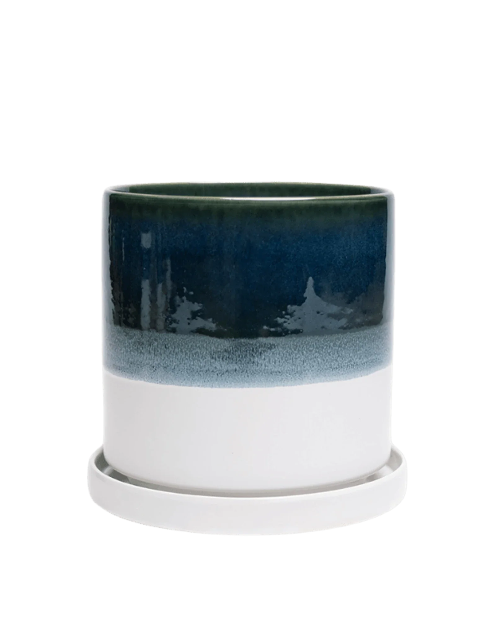 Minute Small Ceramic Pot with Drainage Hole and Saucer, Green Blue - Image 3