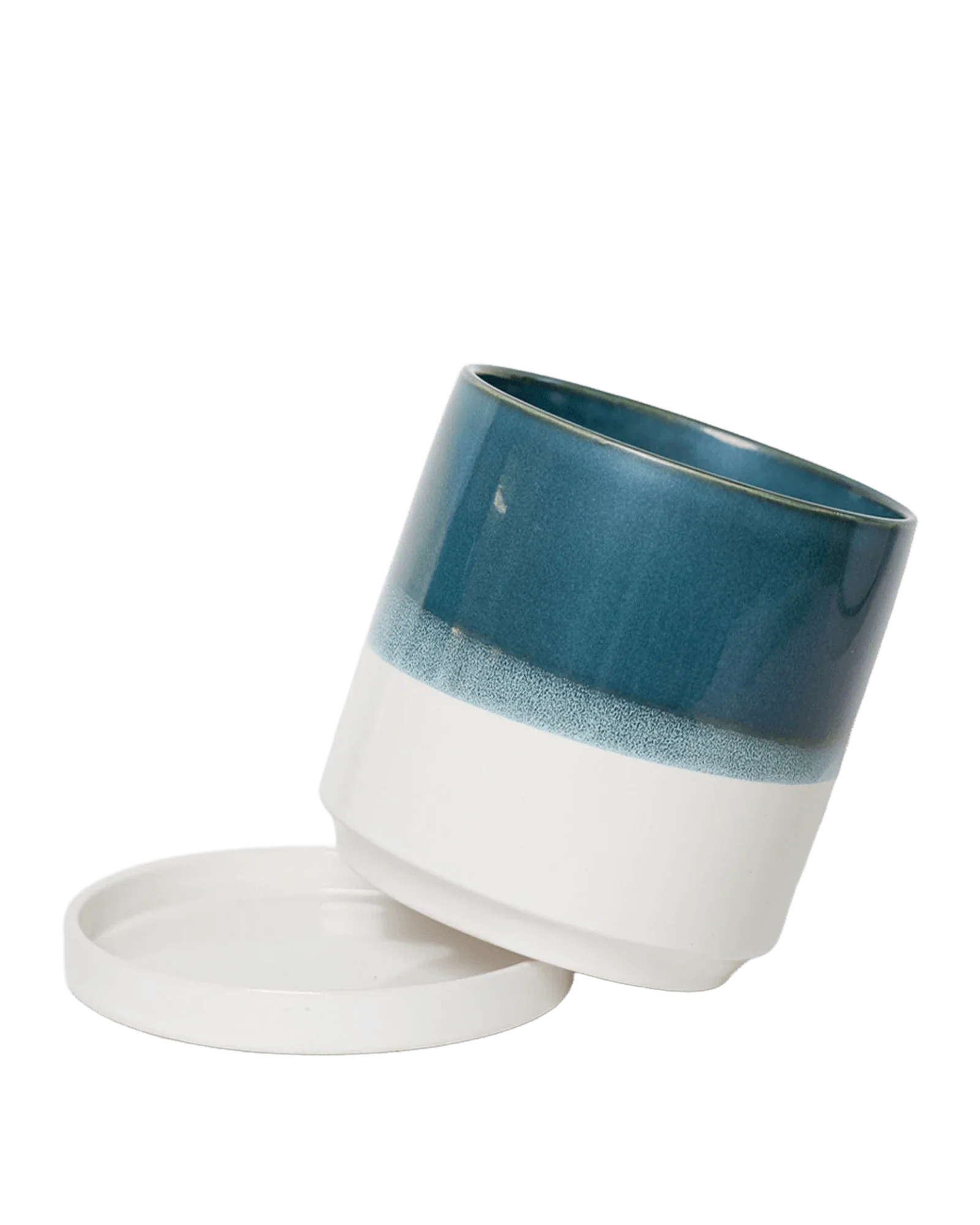 Minute Small Ceramic Pot with Drainage Hole and Saucer, Green Blue - Image 4