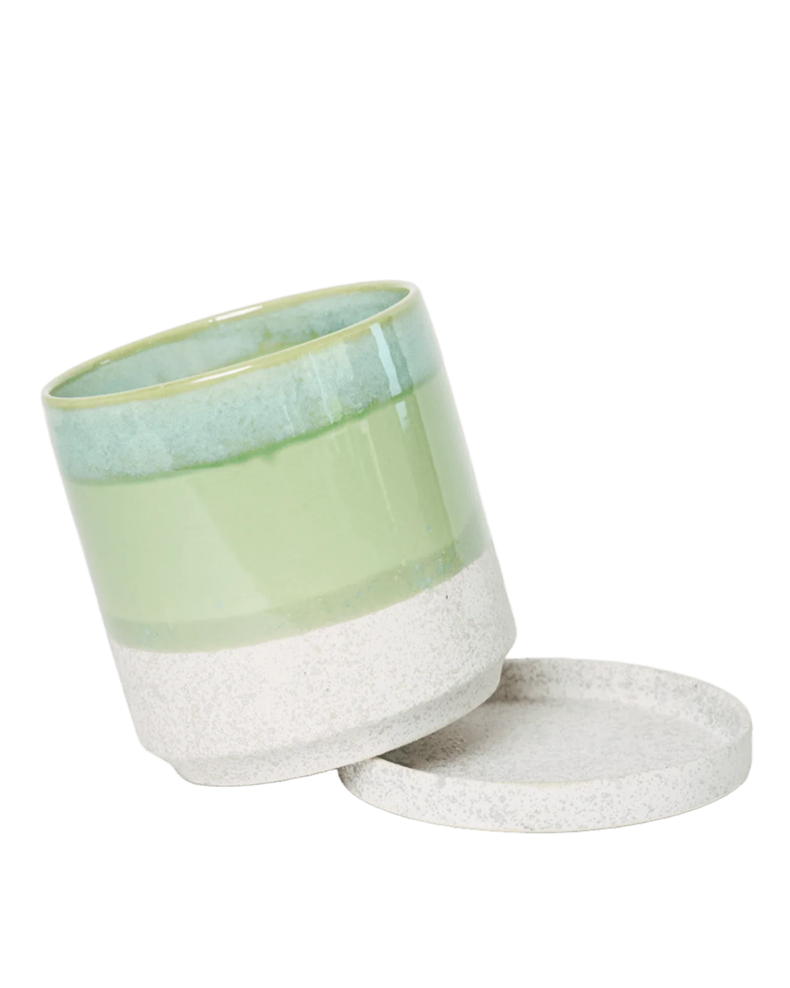 Minute Small Ceramic Pot with Drainage Hole and Saucer, Green Cement - Image 4