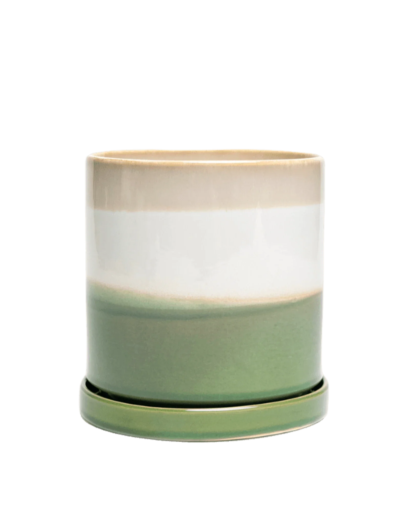 Minute Small Ceramic Pot with Drainage Hole and Saucer, Green Layers - Image 3